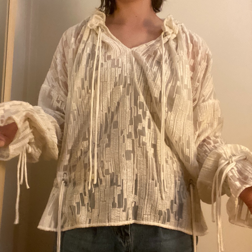 Iro Cream Threaded Pattern Tie Top - image 3